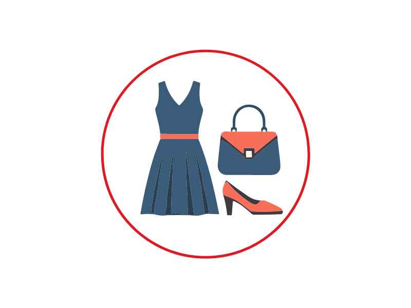 Blue sleeveless dress with coral belt, matching coral-and-blue handbag, and coral heel inside a red ring—fashion ensemble.
