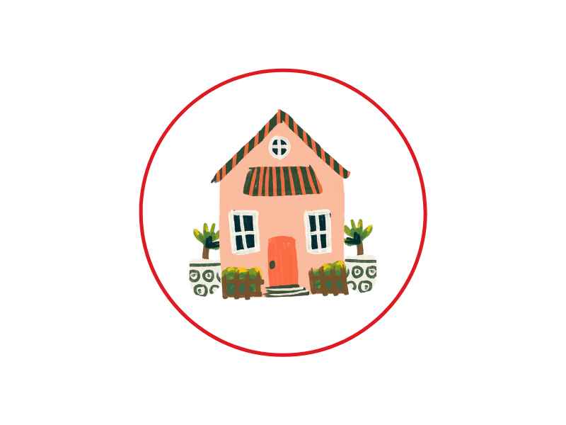 Illustration of a pink house with a striped roof inside a red circular border, with two potted plants to the sides.