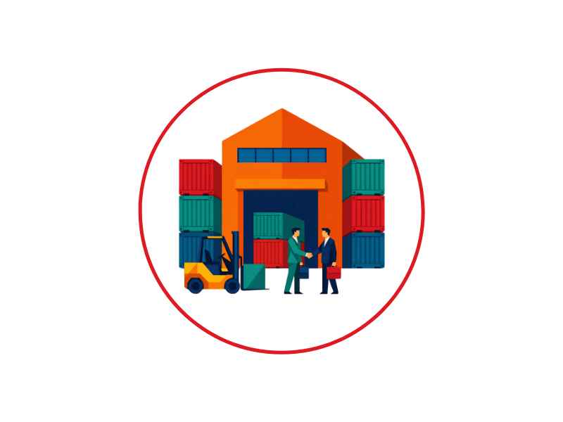 Warehouse scene with stacked shipping containers, a forklift, and two people shaking hands in front of a loading dock inside a red circle border