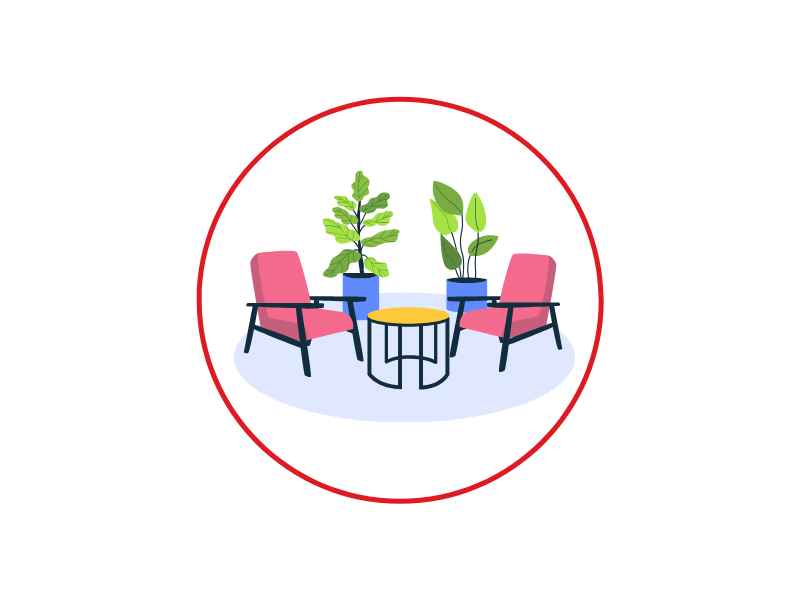 Circular logo with two pink armchairs beside a small yellow table and potted plants inside a red ring.