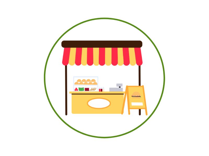 Market stall selling bread and pastries under a red-yellow striped canopy, inside a green circular border.