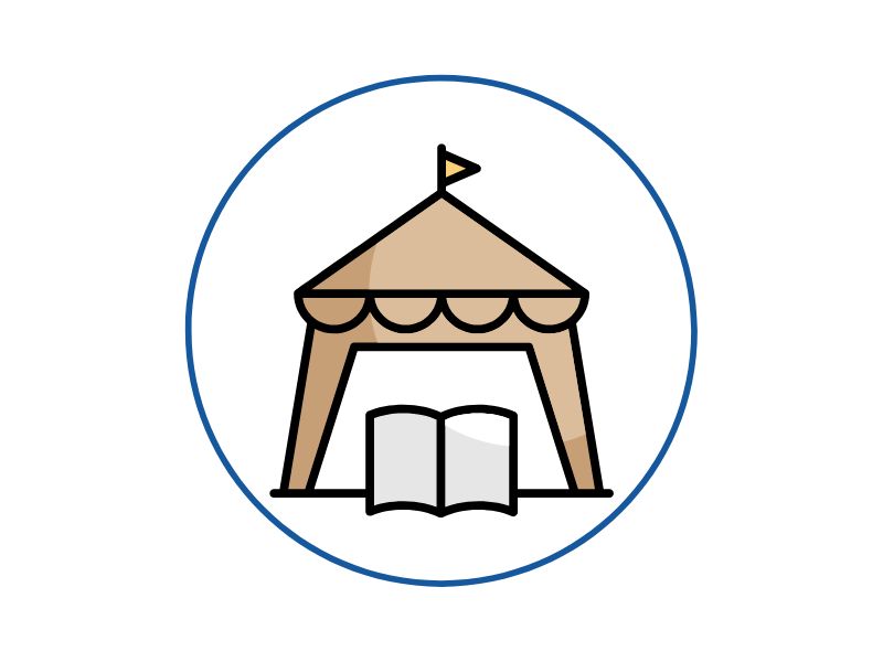 Tent icon with an open book in front, symbolizing a reading or storytelling tent within a blue circular border
