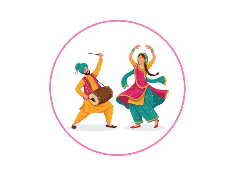 Two dancers in colorful traditional clothing perform a lively dance beside a drummer, all inside a pink circular border.