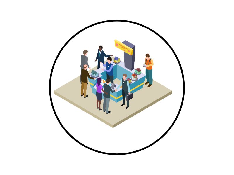 Isometric illustration of a service desk with customers in line around a counter inside a circular frame that resembles a storefront or bank.