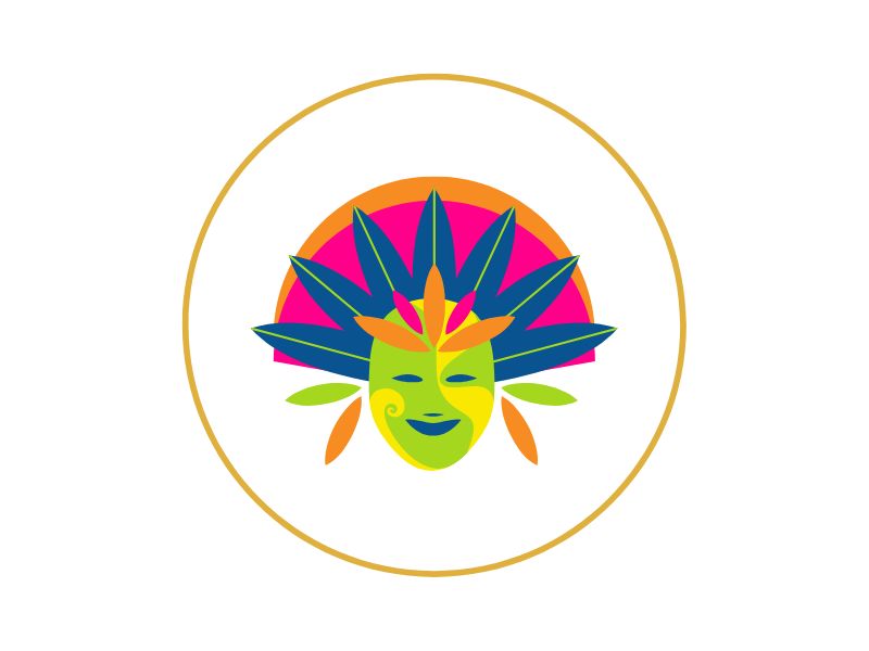 Colorful carnival mask with teal leaf-like plumes and a bright green face, set inside a gold ring on white background.