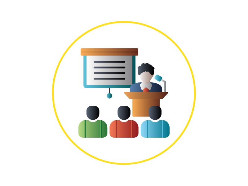 Presenter at a podium giving a lecture to three seated audience members with a slide on a screen behind them, all inside a yellow circle.