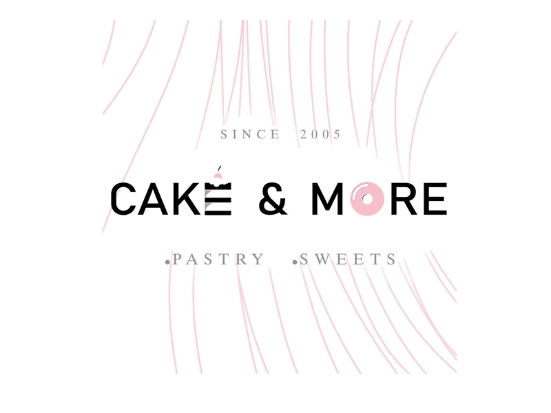 Cake & More bakery logo with a pink donut accent in the ampersand and soft pink line background visuals (since 2005).