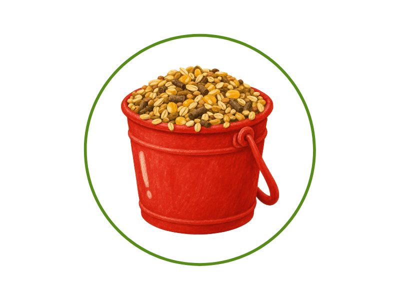 Red metal bucket filled with mixed birdseed, outlined by a green circular border.