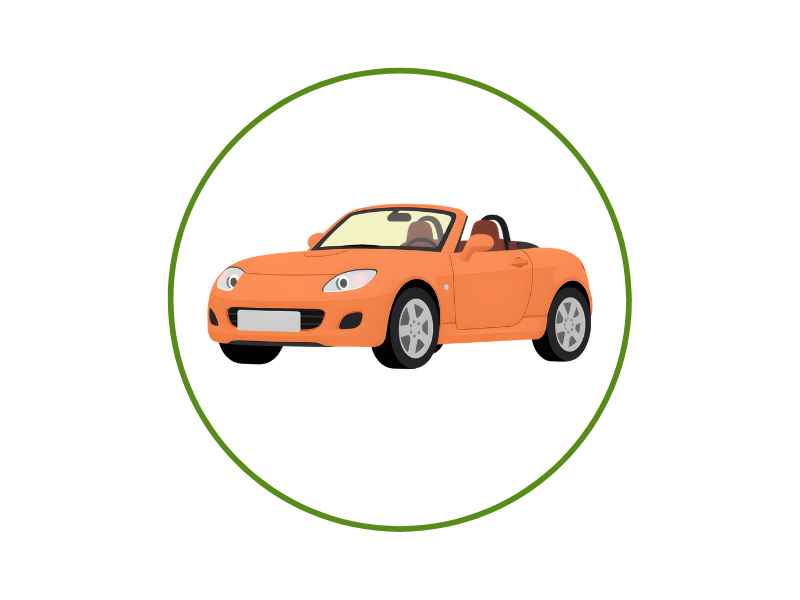 Orange convertible car inside a green circular border, centered image (cartoon style).