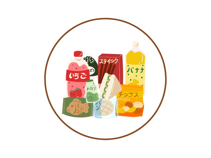 Assorted Japanese snacks and drinks arranged inside a circular brown border, including strawberry drink, melon candy, green tea snack, sandwich, chips, cookies, and chips box.