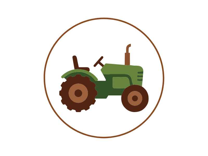 Green tractor illustration inside a brown circular badge, representing farming equipment