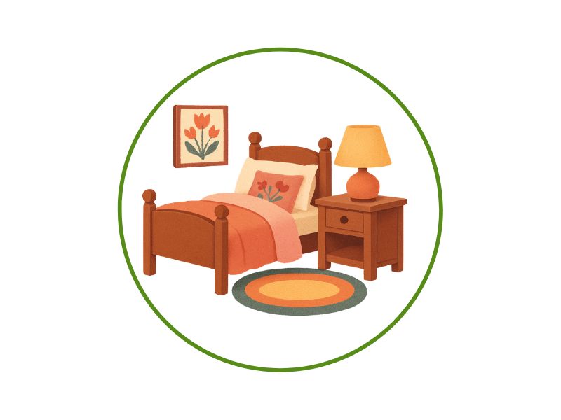 Illustration of a child's bedroom scene with a wooden bed, nightstand, lamp, and a framed flower picture inside a green circular border.