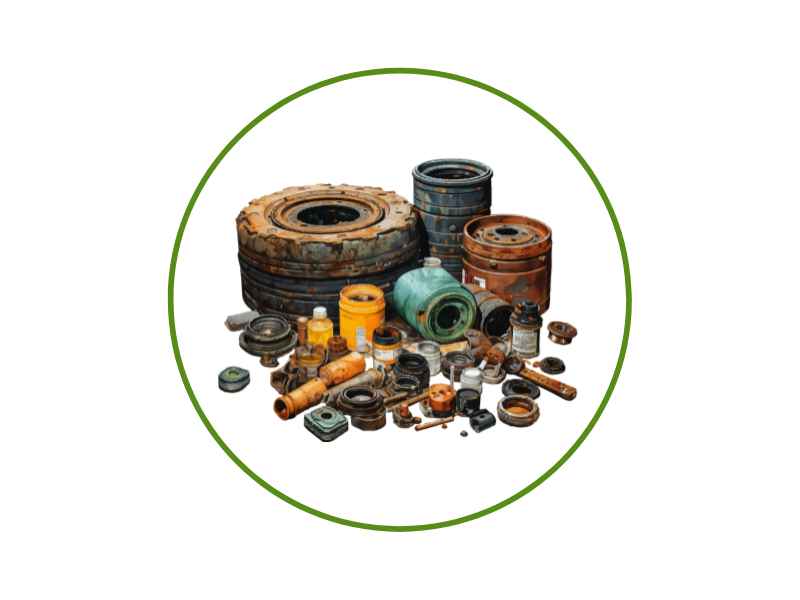 A pile of assorted old car parts, tires, and metal fittings inside a green circular frame.