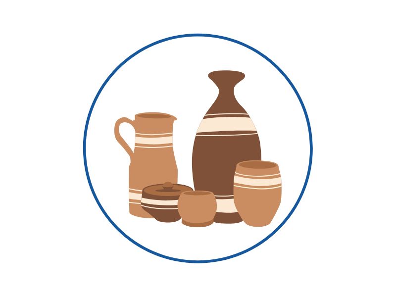 A collection of brown pottery vases and bowls arranged inside a blue circular border.