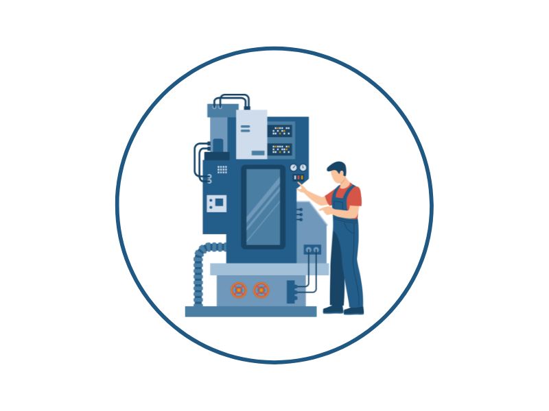 Worker operating a tall blue industrial machine, adjusting controls at a panel inside a circular frame.