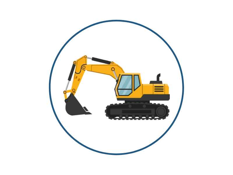 Yellow excavator with bucket arm inside a blue circular border (construction machinery icon).