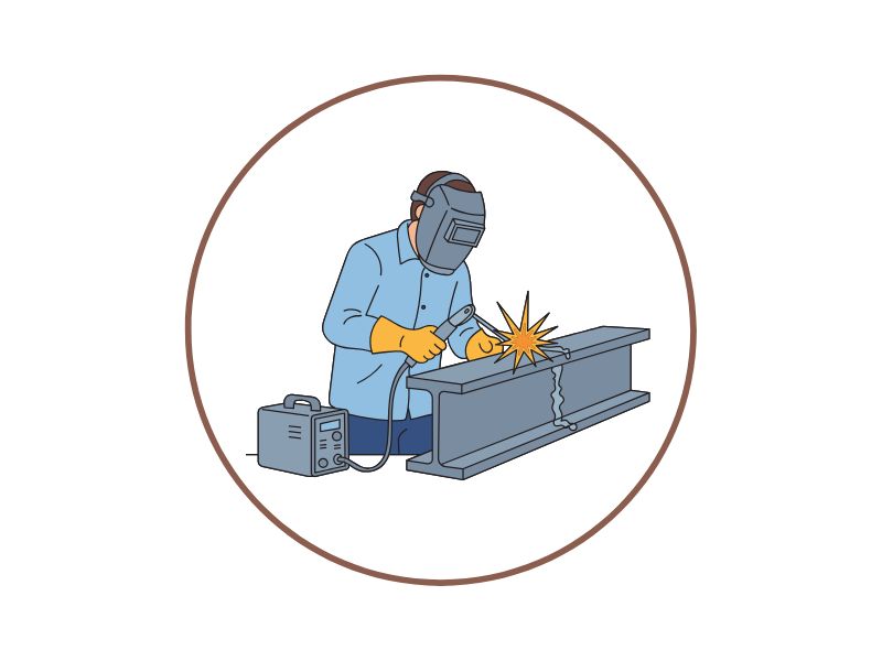 Worker wearing a welding helmet and gloves welds a steel I-beam; a welding machine sits nearby inside a circular border.