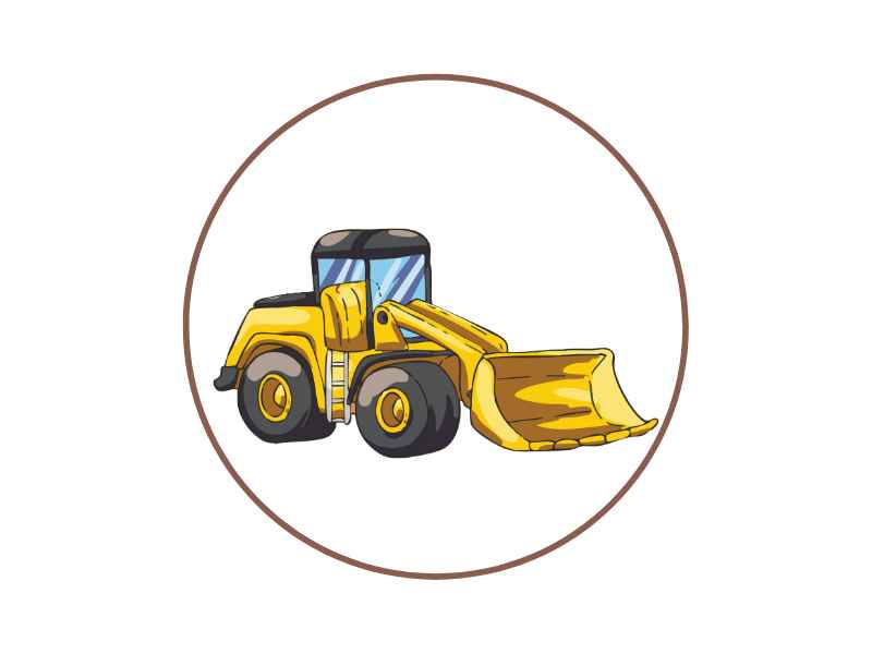 Yellow front-end loader bulldozer illustrated inside a circular brown frame (logo-style).