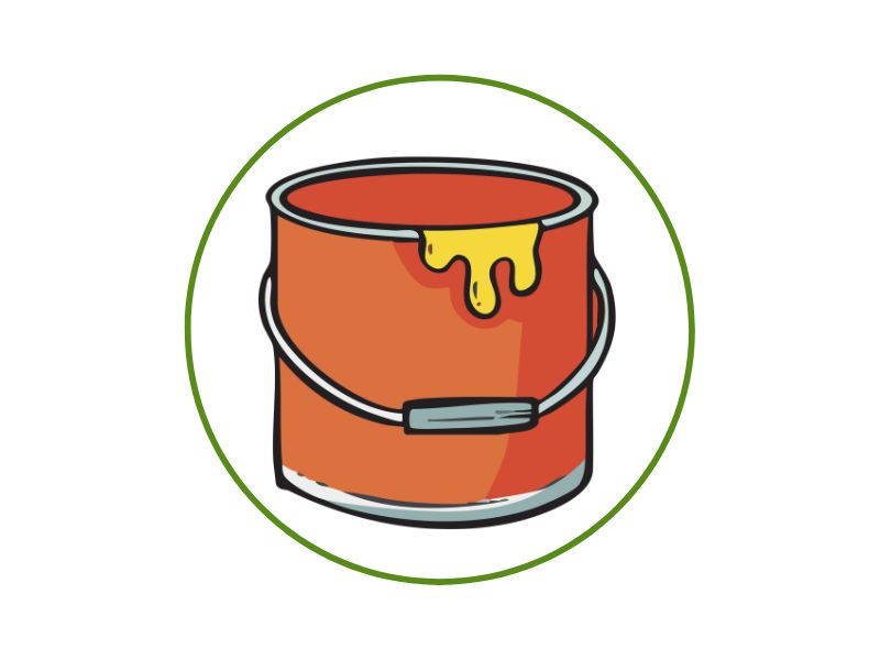 Orange paint can with a yellow drips of paint on the rim, inside a green circular border.