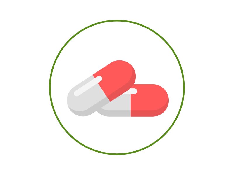 Two red and gray capsules overlapping inside a green circular border.
