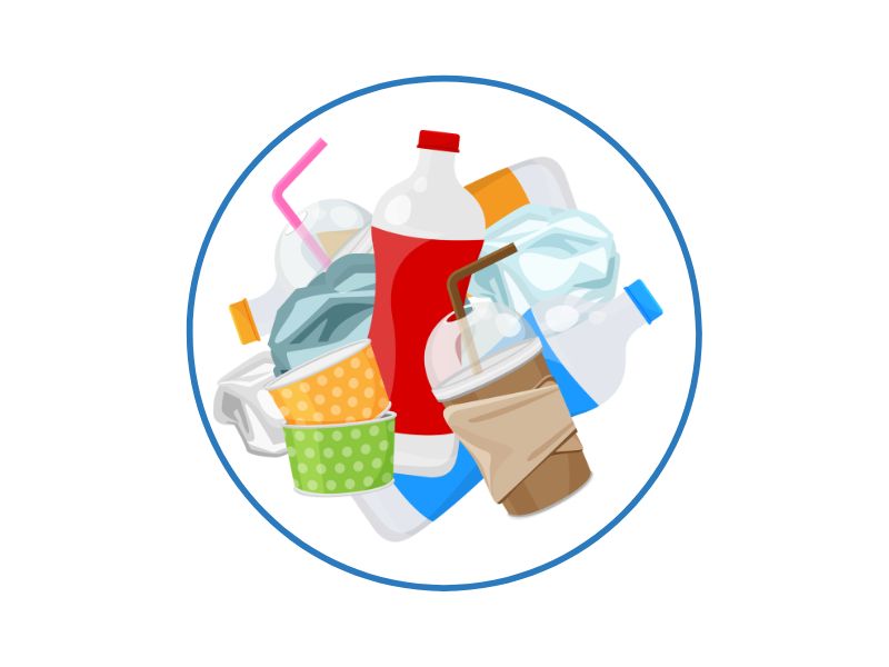 Assorted disposable cups and bottles inside a blue circular border, representing litter or waste awareness.