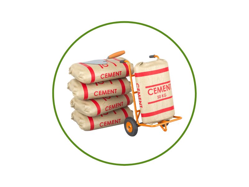Orange hand truck loaded with stacked cement bags, one bag labeled CEMENT 50 kg, inside a green circular border.