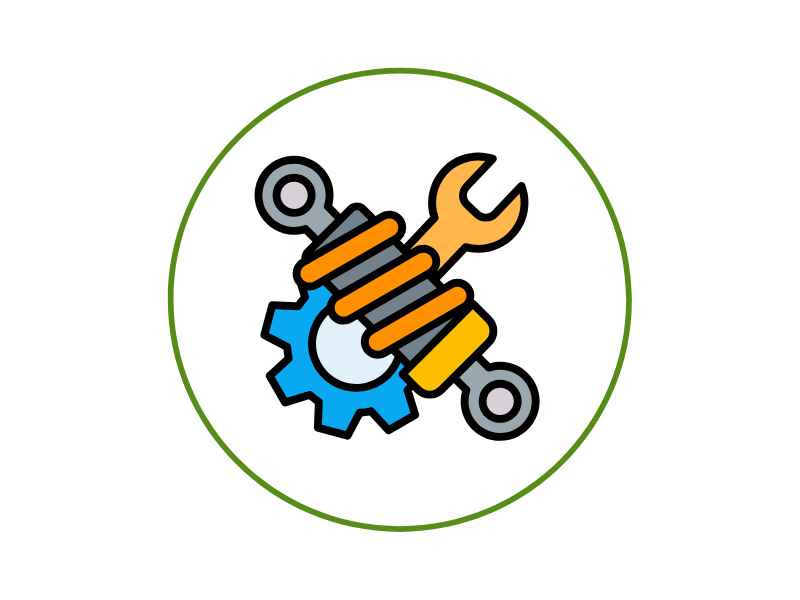 Tools icon with a wrench and screwdriver crossed over a blue gear inside a green circle, representing maintenance or settings