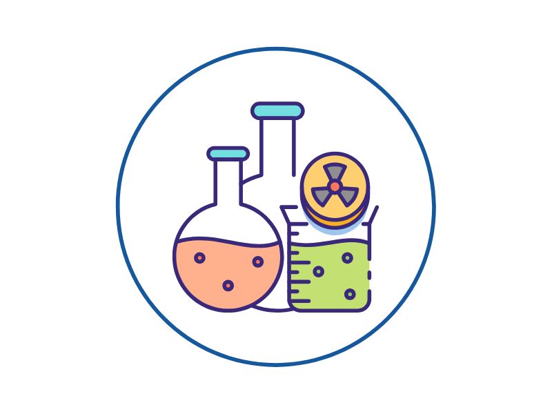 Cartoon lab scene with three glass flasks and a beaker, liquids pink, orange, and green, circle border around them.