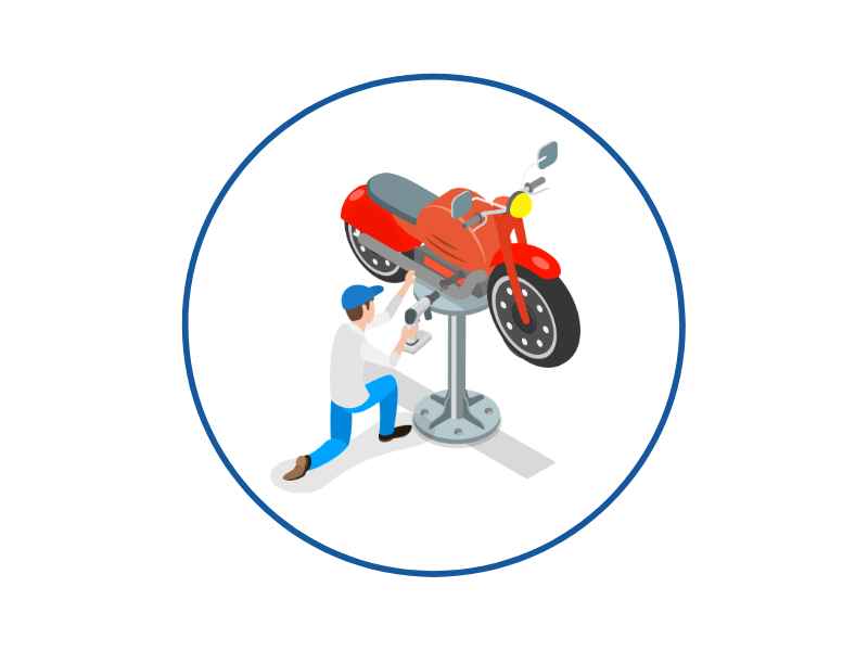 Mechanic working on a red motorcycle mounted on a repair stand inside a circular blue border.