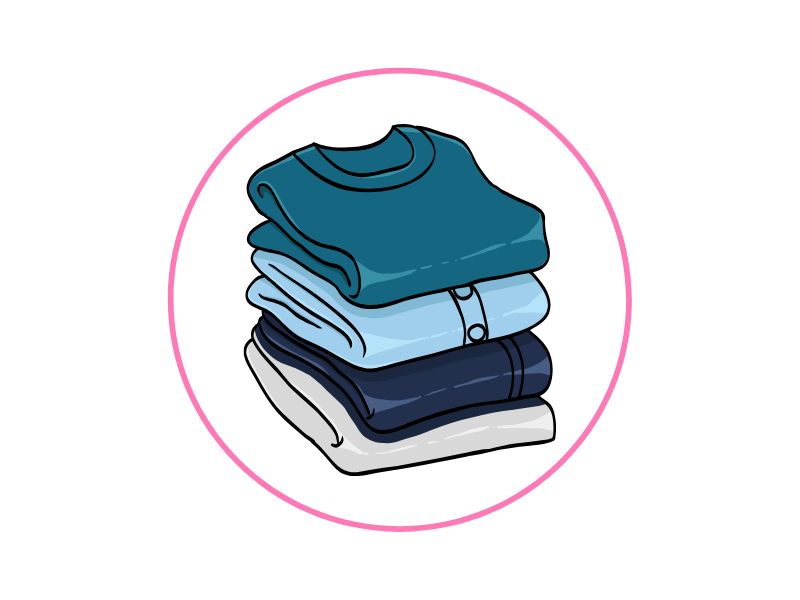 Stack of folded clothes in teal, light blue, and navy inside a pink circular border.