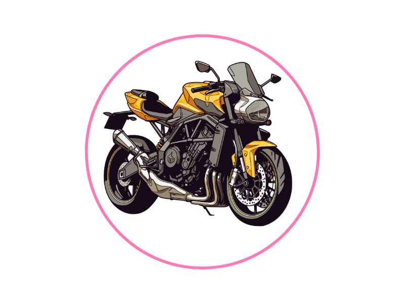 Sport motorcycle in yellow and black, framed by a pink circular border.