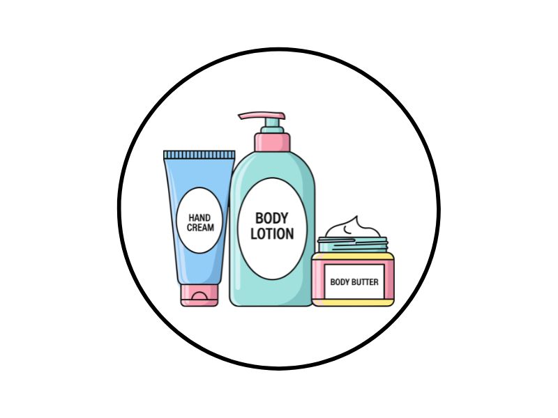 Cartoon illustration of skincare products: hand cream tube, body lotion bottle, and body butter jar inside a circular border.