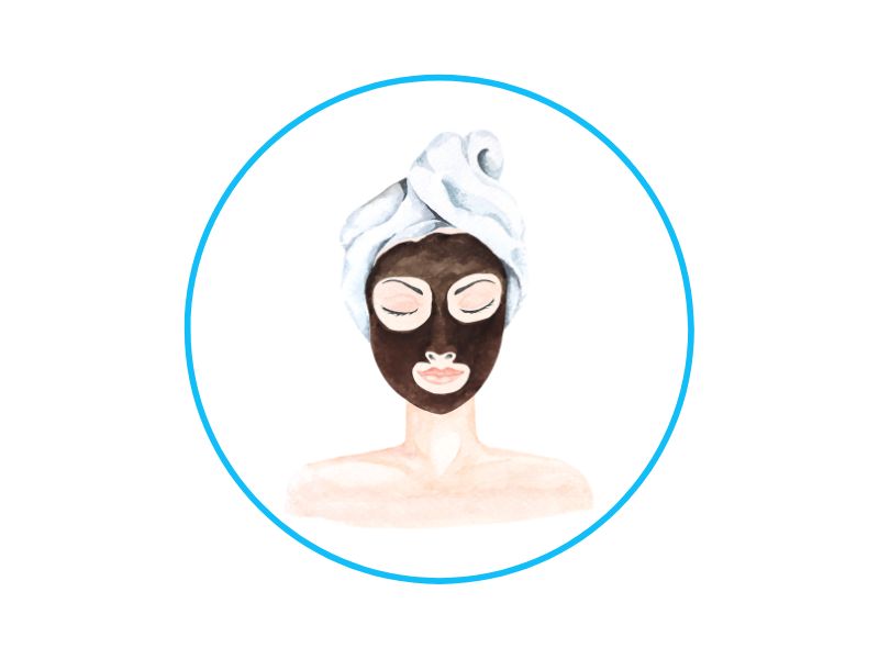 Illustration of a person with a facial mask, eyes closed, and a towel wrapped around the head inside a blue circular border.