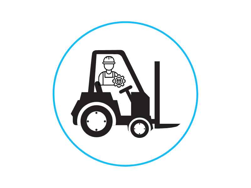 Forklift with an operator inside, enclosed in a blue circular border