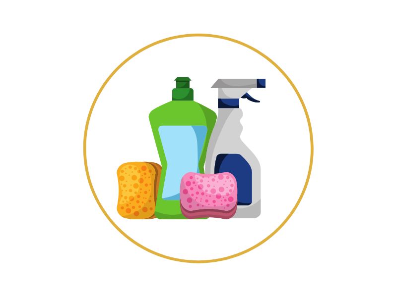 Assorted cleaning supplies (bottles and sponges) arranged inside a yellow circular frame.