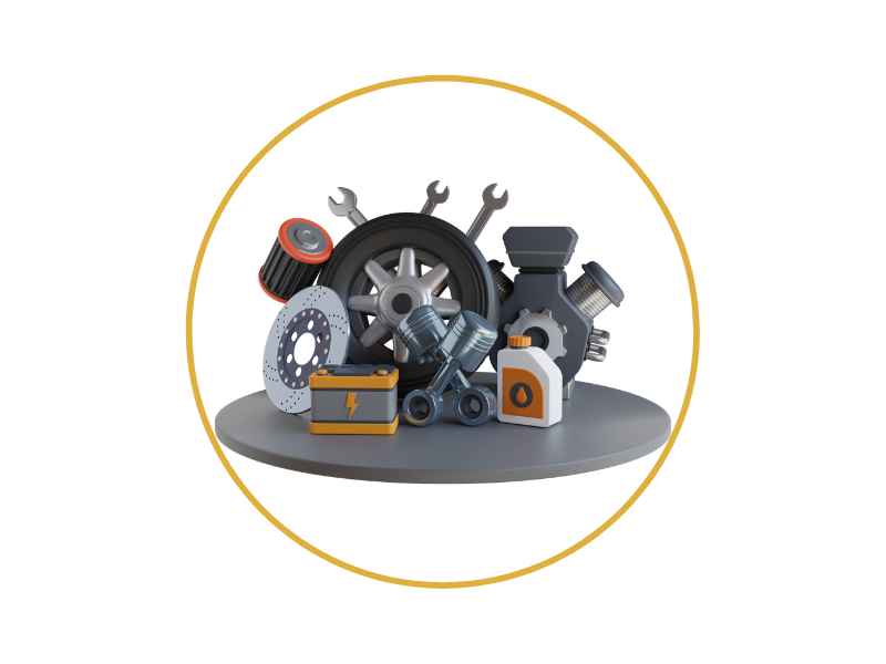 Assorted automotive parts and tools arranged on a circular platform with a gold ring around them, for repair or maintenance use.