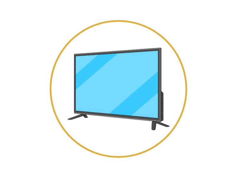 Flat-screen TV icon inside a gold circular border.