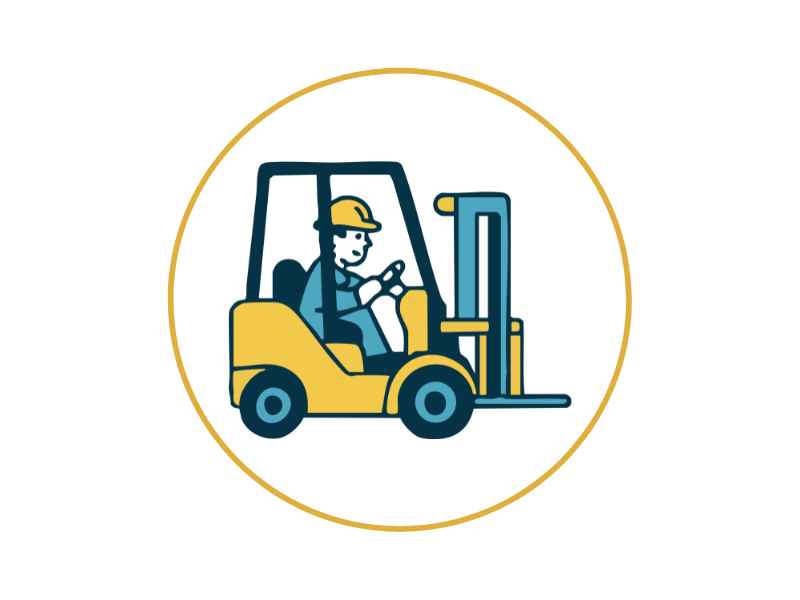 Illustration of a forklift operator driving a forklift inside a circular badge.