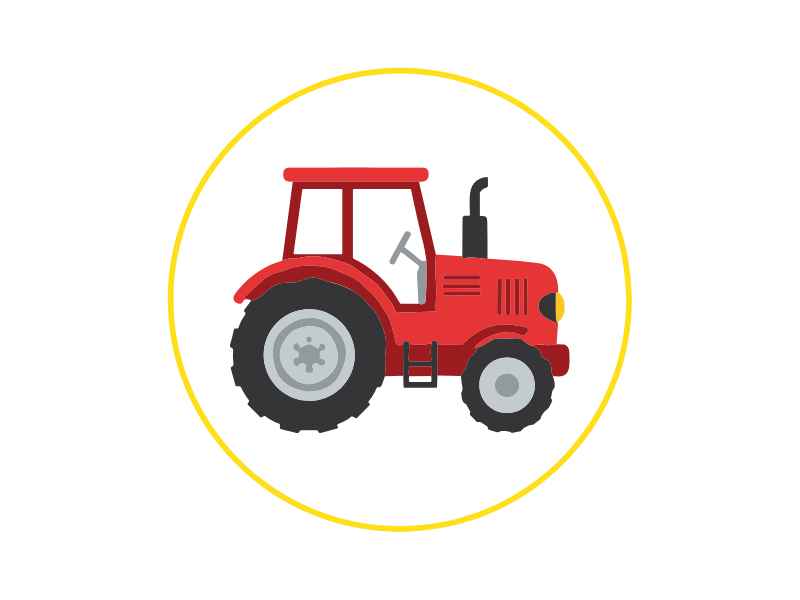 Illustration of a red farm tractor inside a yellow circular border (icon style)