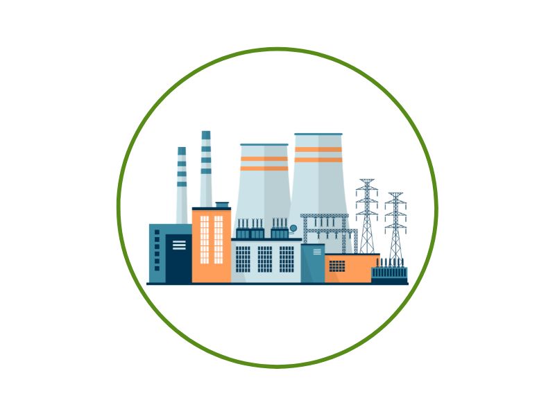 Industrial power plant with smokestacks, cooling towers, and electrical pylons inside a green circular border.