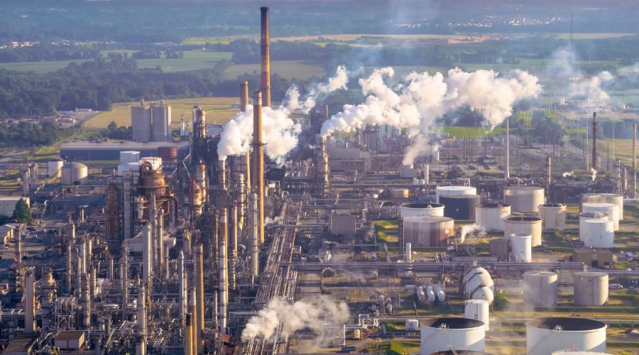 Large industrial refinery with tall smokestacks emitting white smoke, surrounded by storage tanks and pipes in an intricate plant layout.