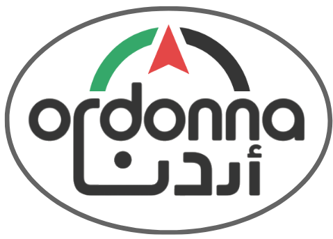 Ordonna brand logo: stylized lowercase text with Arabic script below, a green arc and red arrow above, all within a dark gray oval.