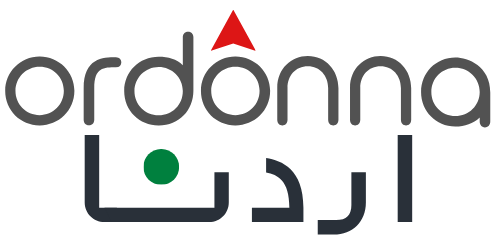 Logo for Ordonna with English wordmark above and Arabic script 'اردنا' below; gray letters, red triangle accent above the 'o', and a green dot in the Arabic part.