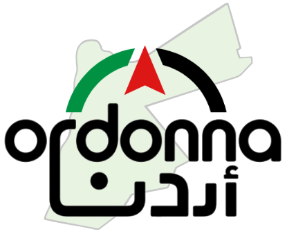 Logo with a green map outline and a red navigation arrow above a bold black wordmark with Arabic script. This is a brand logo combining map imagery and bilingual text.