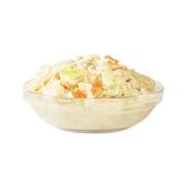 Creamy coleslaw with shredded cabbage and carrot in a clear glass bowl on a white background.