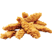 Pile of golden fried chicken tenders on a white background.