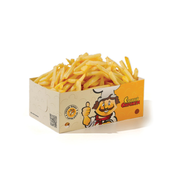 Box of French fries in a beige and yellow fast-food carton, filled with crispy fries.