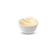 Small white bowl with a pale yellow dollop of sauce or cream, swirled on top.
