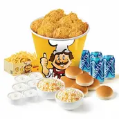 Fast-food family meal: fried chicken in a yellow bucket with biscuits, sides, and drinks on the side.