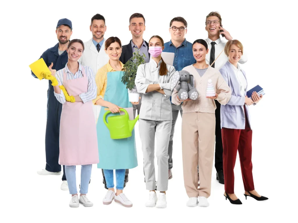 Diverse group of professionals from different fields standing together as a team.